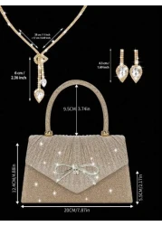 Shiny And Elegant Mini Bow Women s Evening Bag Paired With Exquisite And Luxurious Rhinestone Necklace And Earrings Two Pieces Set New Solid Color Pleated Flap Handbag Suitable For Holiday Parties Dan