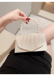 An Elegant Classic Pleated Design Evening Bag Romantic Faux Pearl Party Clutch Bag Luxury Satin Formal Dress Bag Flap Clutch With Chain Strap For Prom Perfectly Matching With New Years Outfit Excellen
