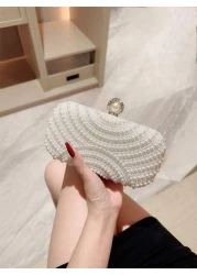 1 حقيبة سهرة مساء أنيقة على شكل صندوق لؤلؤية صناعية، حقيبة يد رومانسية بيضاء لحفل الزفاف، ديكور راقي من الأحجا