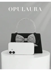 OpulAura Women s European And American Fashion Black Satin Flap Clutch Evening Bag Sparkling Elegant Bowknot Rhinestone Decor Party Handbag Luxury Satin Formal Dress Bag Chain Shoulder Bag Suitable Fo