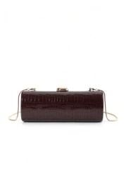 Elegant Fashionable Wine Red Crocodile Pattern Solid Color PU Leather Clutch Box With Metal Chain For Women Suitable For Daily Outings Dates Banquets Galas Parties Autumn Winter