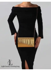 1 قطعة حقيبة سهرة مثالية وأنيقة للنساء، مذهبة وذات طيات لامعة، مزينة بخطوط معدنية، حقيبة متعددة الاستخدامات م