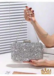 Sparkling Sequin Decorated Women s Evening Bag Shiny Square Clutch With Metal Chain Crossbody Bag Perfect For Weddings Parties Balls Nightclubs Birthday Gifts Valentine s Day Gifts Cosmetic Bag Dress