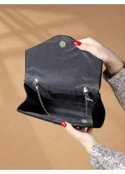 حقيبة سهرة فاخرة، براقة، أنيقة، مُرقّاة، جذابة، حقيبة مخملية فاخرة ذات حواف معدنية وسلسلة، مناسبة للسيدات وف