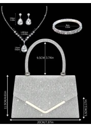 Shiny Elegant Fashionable Charming Rhinestone Flap Handbag Exquisite Women s Evening Bag Matched With Glitter Rhinestone Jewelry Three Pieces Set Luxurious And Exquisite Rhinestone Necklace Bracelet A