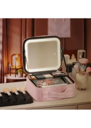 Makeup Bag With Light Up Mirror Travel Cosmetic Case Box 3 Color LED Lighted Mirror With Adjustable Brightness Waterproof Leather Adjustable Dividers Brush Organizer PU Leather Suitable For Girls And