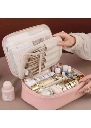 Multi Layer Large Capacity Removable Makeup Bag Faux Leather Travel Cosmetic Storage Box With Brush Holder Portable Unisex Beauty Essentials Case Non Alcoholic Cosmetics Organizer Solution Elegant Des