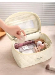 1Pc Set Beige Quilting Makeup Bag With Soft Texture Vintage Large Capacity Cosmetic Bag Travel Organizer Handheld Minimalism Cozy Foam Toiletry Big Set Lightweight Fluffy Makeup Pouch Home Decor Delic