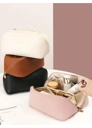1pc PU Leather Waterproof Makeup Bag Convenient Toiletry Organizer Large Capacity Double Layer Makeup Case Summer Travel Vacation Home Bathroom Decor Holiday Makeup Organizer