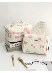 قطعة واحدة حقيبة مستحضرات تجميل محمول بمقبض مبطن بقماش كبيرة السعة للنساء لتخزين مستحضرات التجميل والفرش، من