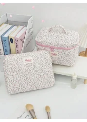 قطعة واحدة / مجموعة حقيبة مستحضرات تجميل وردية ذات طبعة زهور كبيرة السعة مبطنة مزودة بسحاب لحفظ أدوات التجميل