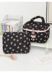 Floral Bow Decor Makeup Bag Fabric Print Zipper Pouch Sweet Style Toiletry Bag Cosmetic Bag For Home Travel Daily Use Women Makeup Organizer Makeup Storage Bag Mini Pouch Travel Small Makeup Case Acce
