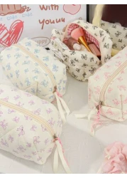 1Piece Quilted Handle Makeup Bag Small Quilted Cosmetic Bag Cute Bow Design Makeup Pouch Makeup Bag Aesthetic Travel Toiletry Bag Organizer Makeup Brushes Storage Bag For Women Bow Pencil Case For Mak