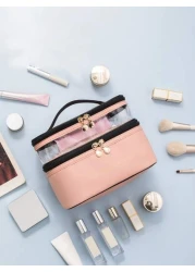 PU 2 Layers Cosmetic Bag Solid Color Travel Transparent Multifunctional Toiletry Handheld Fashionable Waterproof Large Capacity Storage Pouch Summer Travel Vacation Home Bathroom Decor Holiday Makeup
