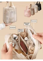 قطعة واحدة حقيبة مستحضرات التجميل للسفر والعطلات، سعة كبيرة من النايلون الشبكي، حقيبة مستحضرات تجميل متعددة