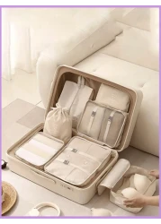 7pcs Set Travel Packing Organizers Luggage Cubes Makeup Bag Cosmetic Pouch Toiletry Bag Underwear Bag Shoe Bag Draw String Bag Suitable For Makeup Brushes Eye Shadow Lipstick Skin Care Toothbrush Soap