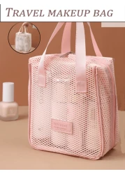 1pc Large Capacity Pink Mesh Makeup Bag Portable Travel Toiletry Organizer Multi Functional Storage Pouch Zipper Bag Travel Bag For Cosmetics Skincare Phone Jewelry Small Items Gift Holiday Use Availa