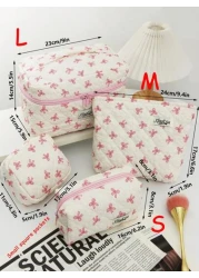 1 PC Rice Bottom Print Pink Bow Daily Soft Make Up Bag Fashionable And Casual Large Capacity Portable Zipper Makeup Bags Travel And Vacation Essentials Cosmetic Bags For Sanitary Napkins Pouch Pads Wi