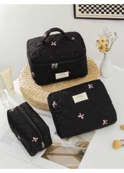 1 Piece Women s Bow Embroidered And Quilted Makeup Bag Sets Travel Cosmetic Bag With Handle Tampon Storage Bag Sanitary Pad Pouch Large Capacity Cosmetic Bag Lightweight Fluffy Filling Toiletries Bag