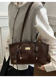 1pc Pu Solid Color Bowling Bag Large Capacity Tote Bag New Fashion Vintage Shoulder Bag Quilted Zipper Closure Suitable For Women Daily Use