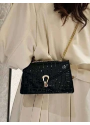 Crocodile Embossed Flap Chain Square Bag Lightweight Business Casual Small PU Leather Solid Color Square Shoulder Bag Perfect Sling Bag For Daily Use For Teen Girls Women College Students Rookies Whit