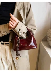 New Fashion Joker Solid Color Pu Waterproof Fabric Letter Pattern Decoration Design Zipper Opening And Closing Handbags Square Bags Burgundy Bags With Pendant Decoration Design Can Be Slung Suitable F