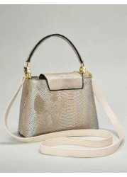 حقيبة يد أنيقة للسيدات من الجلد المزخرف بنمط الثعبان مع تصميم متعدد الطبقات ومكمّلات ذهبية، حقيبة كتف متعددة