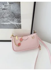 حقيبة كتف على شكل باجيت من قماش PU مقاوم للماء ذات لون أحادي كلاسيكي بتصميم جوكر، مزينة بسلسلة معدنية بشكل فراو