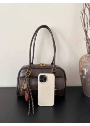 Faux Leather Solid Color Retro Multiple Pocket Large Capacity Women s Shoulder Bag With Hanging Decorations Suitable For Women s Daily Use And Travel Holiday