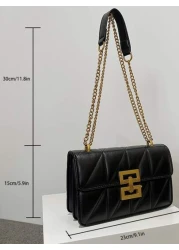 1pc Solid Color PU Shoulder Bag For Women Fashionable Diamond Shape Embroidery Pattern Square Bag With Metal Chain Strap And Lock Closure Perfect For Shopping Dating Gifts For Teen Girls College Stude