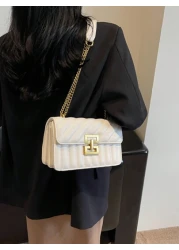 1pc Ladies Embroidery Striped Fashionable Lock Closure Square Bag Purse With Colorful Chain Suitable For Dating And Gift