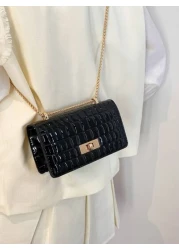 Faux Leather Solid Crocodile Embossed Fashion Mini Chain Strap Shoulder Bag