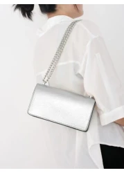 Lightweight Business Casual Metallic Minimalist Chain Flap Square Bag For Teen Girls Women College Students Rookies White Collar Workers Perfect For Office College Work Business Commute Outdoors Trave