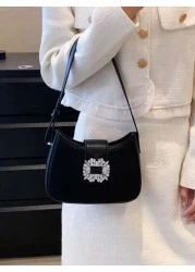 Shoulder Bag With Rhinestone Decorative Armpit Bag Versatile And Fashionable Rhinestone Glitter Saddle Underarm Bag PU Leather Textured Bag Purse Fashion Versatile Bag