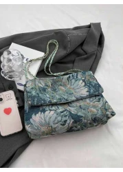 Floral Pattern Square Bag Flap Polyester Chain Strap