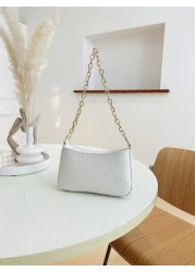 حقيبة كتف نسائية صغيرة ذات ملمس بشرة التمساح مع سلسلة