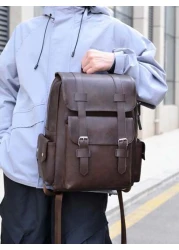 New Spring Summer Solid Color PU Material Fashion Stylish Men Backpack Business Casual Backpack Student Schoolbag Flap Style Large Capacity Multi Pocket Organizer Fits Books Documents Clothes Laptop U