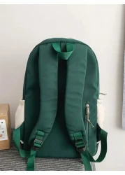 New Color Blocking Backpack For Men 15 Inch Laptop Bag 20l Capacity With Letter Print Suitable For Students Vacation School Carry On Polyester Green Personalized Gifts Practical Extra Large School Bac