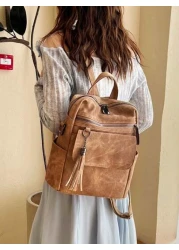 Chic Tassel Faux Leather Backpack For Women Versatile Waterproof With Adjustable Straps Zip Closure Perfect For Casual Outings