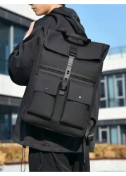 peach tree Large Capacity Business Backpack Travel Backpack School Backpack Laptop Backpack PU Leather Streamlined Fashion Suitable For Back To School And Travel Black Outdoor Multi Function Leisure B