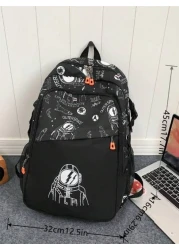 1 قطعة حقيبة ظهر منسوجة بطبعة الفضاء والرسائل ، سحاب إغلاق ، حقيبة كاجوال عصرية للمدرسة، تناسب الجنسين