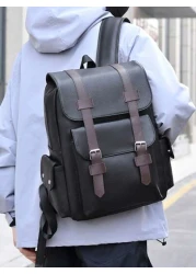 Men s Fashionable Casual Simple Contrast Color PU Multi Pocket Flap Large Capacity Backpack Versatile Backpack Suitable For Business School And Shopping