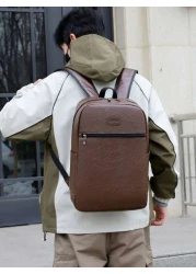 حقيبة ظهر كمبيوتر محمول 15.6 إنش بتصميم رجعي للرجال، شكل جلدي رفيع، حقيبة كمبيوتر كاجوال للسفر باللونين البني و