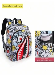 Unisex Fashion Shark Mouth Print Backpack Shoulder Bag Contrast Blue Lightning Graphic School Laptop Bag With Adjustable Strap Random All Over Printed