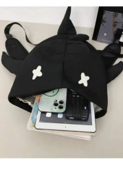 1 حقيبة ظهر رجالية بشكل سمكة القرش من النايلون الأسود، سعة كبيرة، حقيبة مدرسية للطلاب، ذات تصميم كرتوني جذاب و