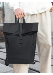 1pc Men s Backpack New Fashion Roll Top Flap Double Strap Backpack Large Capacity Business Casual Sports Outdoor Travel Waterproof Nylon Solid Color Music Festival Gift