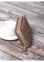 Men s Retro Matte Criss Cross Embroidery Short Wallet With Zipper Closure And Brown Thread Detail Men Clutch Bag For Travel Stuff Large Capacity Anti Theft Lightweight Hand Bag Men Wallet Winter Purse