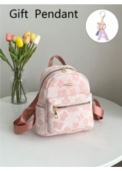 1 طقم حقيبة ظهر كاجوال ذات سعة كبيرة بطباعة رسومية + قلادة بحرف بنفسجي للأطفال الأكبر سناً ، تصميم بسيط وعصري