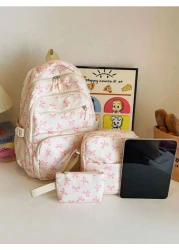 3pcs Nylon Bow Print Backpack Set Foldable Multi Pocket Large Capacity Water Resistant Zipper Backpack Suitable For High School College Students Ladies Daily Use Commuting Traveling Gifts For Valentin