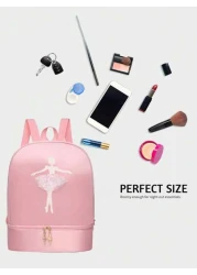 1pc Solid Color Zipper Closure Oxford Cloth Embroidered Dancer Motif Cute Backpack With Separate Shoe Compartment Suitable For Daily Use